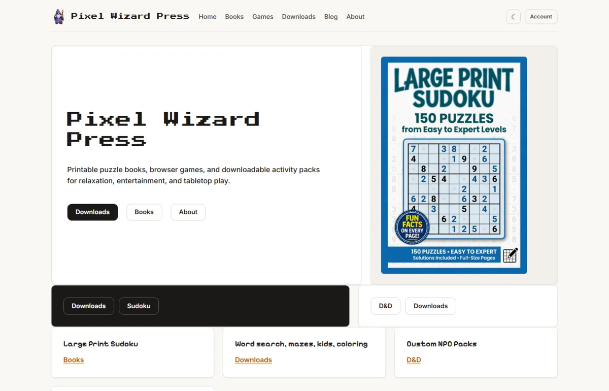 Pixel Wizard Press homepage screenshot